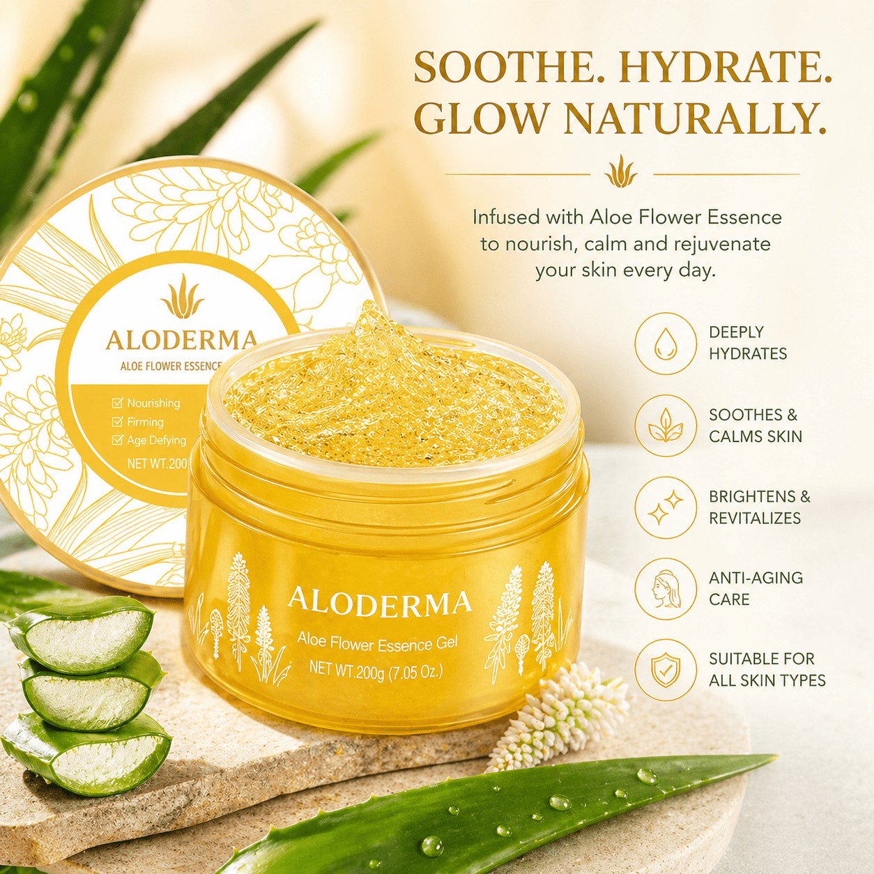 Aloderma Age - Defying 24K Gold Leaf Aloe Flower Essence Gel – 7oz - AloDerma